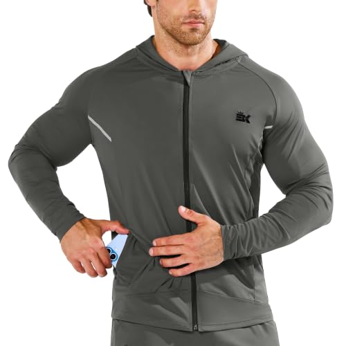 Image of BROKIG Mens Stretch Running Jacket Lightweight Gym Hoodies L Dark Grey