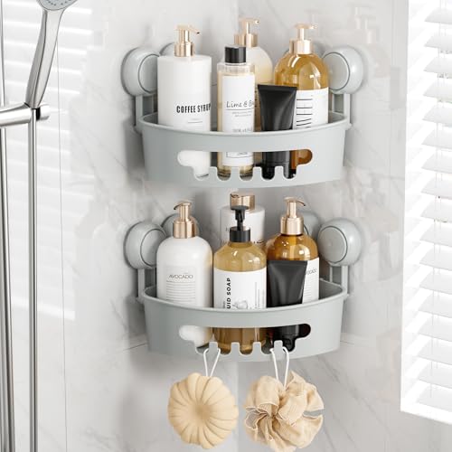 Image of TAILI Corner Shower Caddy Organizer, Plastic Shower Caddy Suction Cup Bathroom Organizer Storage Basket Wall Mounted Organizers For Shampoo, Conditioner, Drill-Free Removable (2 Pack)
