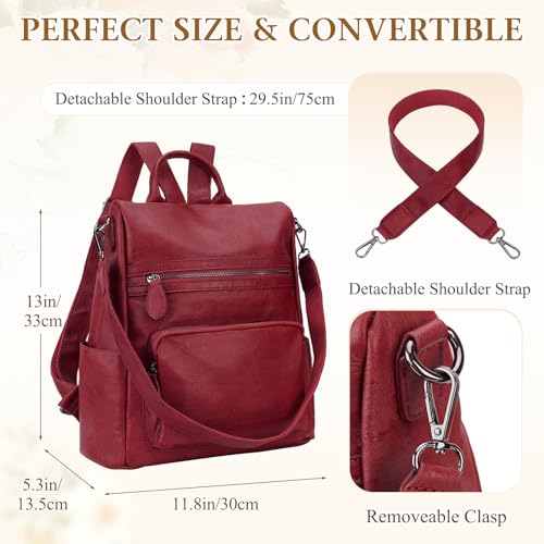 RAVUO Women Backpack Purse, Fashion PU Leather Anti-theft Ladies Backpack Convertible Rucksack School Bags Three Ways to Carry (Wine Red)