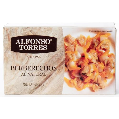 Berberechos al Natural. Peso Neto 111 gramos. 65/85 Piezas. Peso Escurrido 63 gramos. Categoría Gourmet. Con ingredientes 100% Naturales: Berberechos, Agua y Sal. Alfonso Torres.