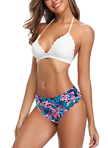 SHEKINI Women's Scalloped Bathing Suit Triangle Bikini Halter Sexy Floral Two Piece Swimsuits3