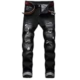 DANT BULUN Men's Ripped Distressed Destroyed Slim Fit Straight Leg Denim Jeans (32, Black02)