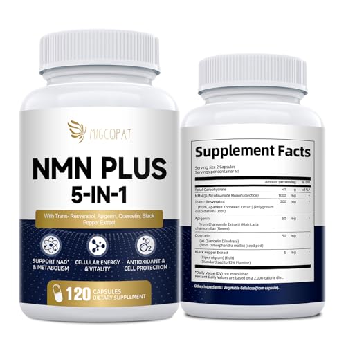 Migcopat NMN Supplement 1000mg – 5-in-1 NAD Supplement w/Resveratrol, Apigenin, Quercetin & Black Pepper – NMNH Alternative – Supports Cellular Energy, Healthy Aging & Longevity – 120 Veggie Capsules