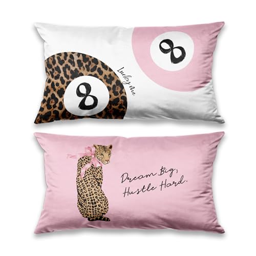 DOFQZ Preppy Pink Leopard Print and 8 Ball Decor Pillow Covers Case 12x20 Set of 2,Funky Coquette Cheetah Y2K Lucky 8 Ball Aesthetic Pillow Covers for Teen Girls Room Dorm Apartment Decor