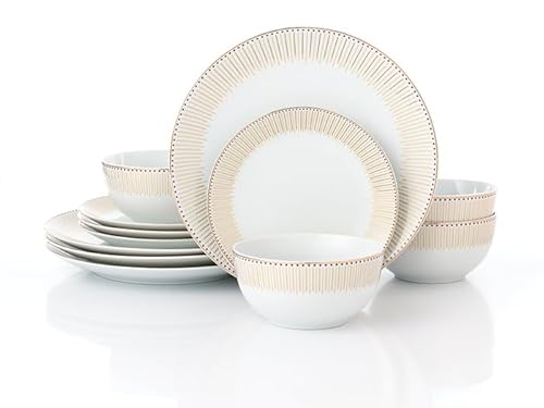 12pc Waterside Gold Radiance Porcelain Dinner Set; 4 Dinner Plates, 4 Side Plates and 4 Deep Bowls