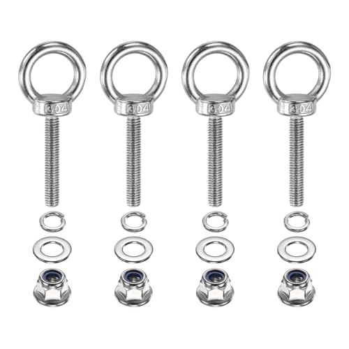 Image of PATIKIL M6 x 35mm Shoulder Eye Bolt, 4 Pcs 304 Stainless Steel Lifting Ring Threaded Eye Bolt with Flange Lock Nuts Spring and Flat Washers for Hanging Tie Down Straps Outdoor Indoor