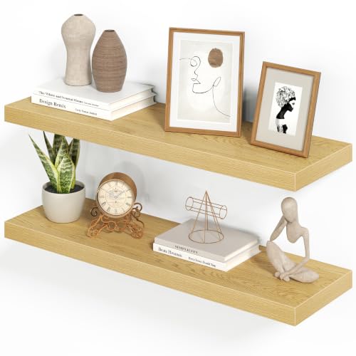 Heimlove 32 Inch Floating Shelves for Wall,Oak 9.3" Deep Floating Shelf Set of 2,Wall Mounted Shelves for Bathroom Bedroom Living Room Kitchen Office,Shelf for Books Storage Room,Home Decor