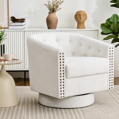 Image of Swivel Barrel Accent Chair, Living Room Arm Chair, Set of 1, White | Round Chenille Modern Upholstered Comfty Reading Nook Chairs for Bedroom, Small Club Armchair, Single Sofa Side Chair