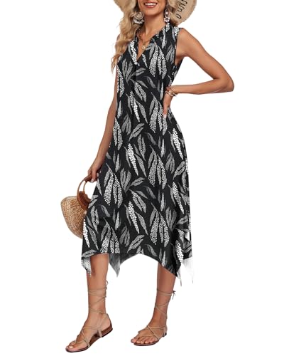 Image of AUSELILY Womens Summer Midi Dress V Neck Sleeveless Casual with Pockets | Flowy womens summer dress with asymmetrical hem, great for beach, vacation and daily wear