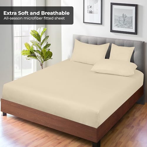 Image of Royale Linens Fitted Sheet King - Ultra Soft 1800 Brushed Microfiber - Hotel Luxury Bottom Sheets - Wrinkle Free & Fade Resistant - Deep Pocket Fitted Sheet Only (King, Sand)