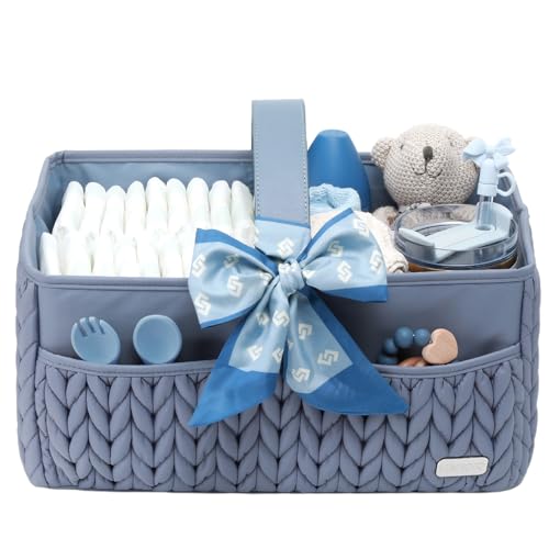 Image of LUKJOJO Luxurious Baby Diaper Caddy, Nursery Storage Basket for Newborn Essentials, Travel Baby Basket for Diapers Baby Wipes, Organizer Tote Bag Storage Bin, Baby Shower Gifts(ash blue)