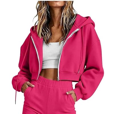 Womens Zip Up Cropped Hoodies Jackets Short Sweatshirt Fleece Hot Pink