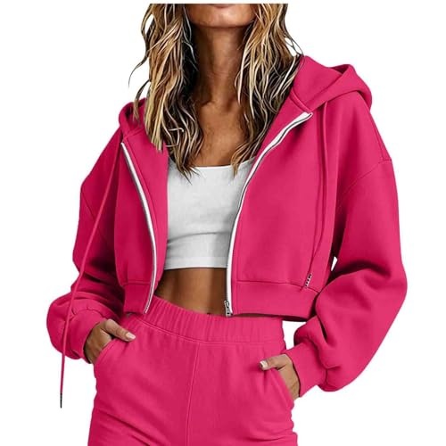 Women Cropped Hoodie Zip Up Jacket Y2K Sweatshirt Crop Tops Lightweight Workout Casual Fashion Fall Outfits Clothes Hot Pink