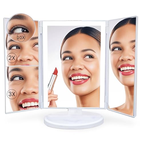 BEAUTYVIEW Makeup Vanity Mirror With Lights, Touch Screen Dimming Mirror, 2X/3X/10X Magnifying Mirrors, Battery and USB Power, Adjustable Angles, High Definition Makeup Mirror With LED Lights (White)