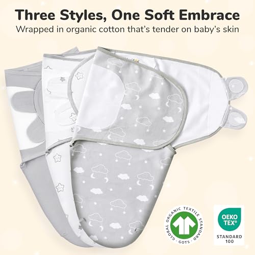 Image of Baby Swaddle Blanket, Swaddle Wrap for Newborn and Infant, Adjustable Swaddle Set for Baby Boy and Girl, 3 Pack Soft Organic Cotton, Large (3-6 Months), Grey and White