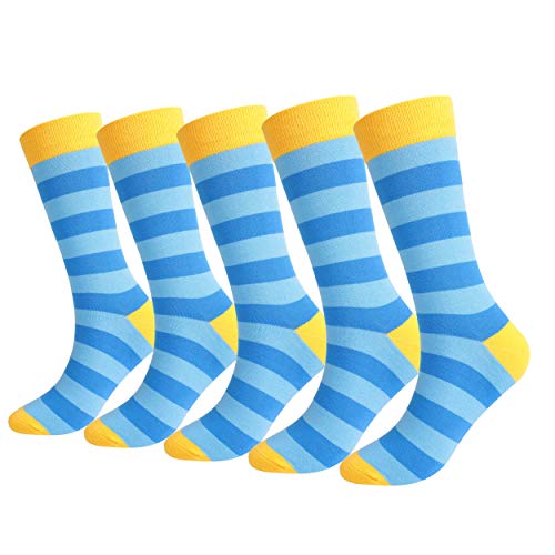 5 Pack Mens High Tube Socks with Striped Cozy Colorful Cotton Fun Novelty Dress Socks, Light Blue