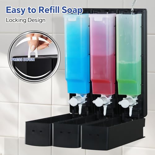 KOYFOYO Shampoo and Conditioner Dispenser, Shower Soap Dispenser 3 Chamber No Drill, Shampoo Dispenser for Shower Wall, Body Wash Dispenser Wall Mounted for Bathroom Hotel (3x13.5oz Black) by KOYFOYO - Image 4