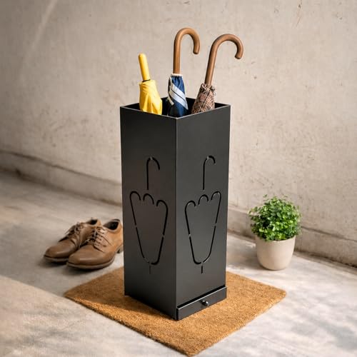 Image of Decorlay Wrought Iron Square Design Umbrella Stand Holder for Entryway, Modern Umbrella Rack for Canes, Walking Sticks & Golf Clubs, Indoor Floor Stand Organizer for Home, Office, Living Room