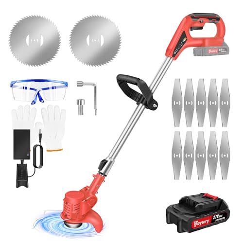 Cordless Strimmer Garden Grass Trimmer, Battery Strimmer Metal Blade Strimmer with 21V 1500mAh Lithium Battery, 10x Metal Blades, 90° Head Adjustment, Red