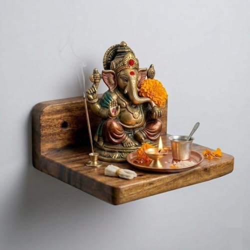 Handcrafted Wooden Wall Mounted Temple Shelf for Home | Rustic Pu...