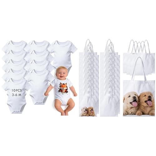 Joyclub Bundle of 10 PCS Sublimation Baby Bodysuits and 40 Pieces Sublimation Blanks Canvas Tote Bags