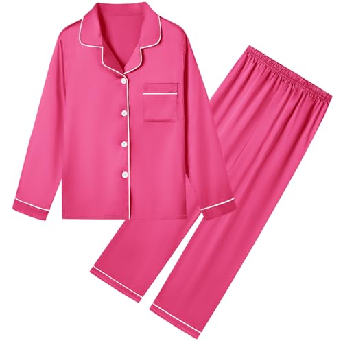 Umeyda Womens Silk Satin Pajamas Set, Fashion Sexy Button Down Matching Family Loungewear for Ladies Mommy Wife, Hot Pink, Small