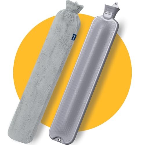 Bolsa de agua caliente XXL larga y grande de 3,5 litros con funda – funda para botella de agua caliente gris mullida – Bolsa de agua caliente larga XL para bebés, niños y adultos – Regalo para mujeres