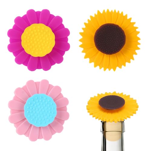 3 Pcs Wine Bottle Stopper, Silicone Sunflower Cute Wine Bottle Stopper, Reusable Wine Saver to Keep...