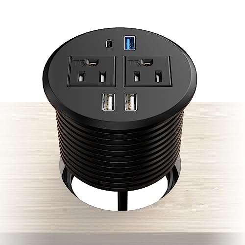 BTU Desktop Power Grommet with PD 20W Fast Charging USB C, Recessed Power Socket with 2 AC Outlets, Flush Mount Power Strip with 3 USB Ports, 6FT Extension Cord (Black 2) by BTU - Used condition - US$12.48