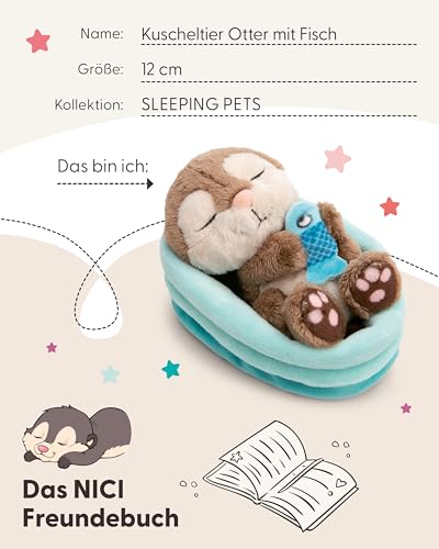 NICI Kuscheltier Otter mit Fisch 12cm schlafend im Körbchen - grau - Stofftier aus weichem Plüsch, niedliches Plüschtier zum Kuscheln und Spielen, für Kinder & Erwachsene - 61582