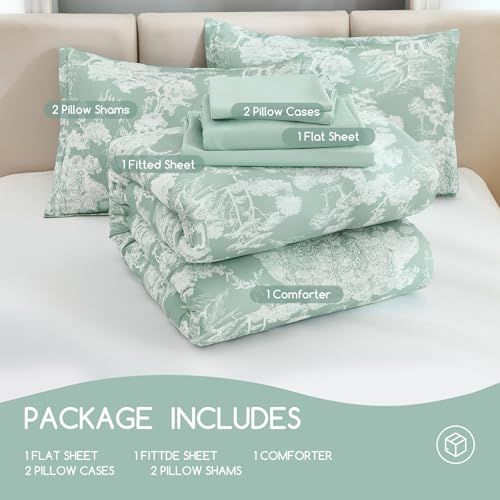 Image of DJY Floral Green Comforter Set-King Size 7 Piece Bed in a Bag,Queen Comforter Set with Sheets,Farmhouse Comforter