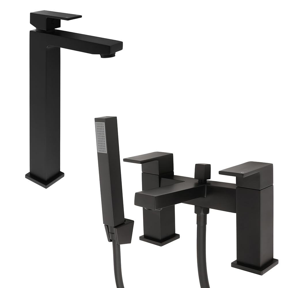 Milano Black Preto High Rise Mono Bathroom Basin Mixer Tap Bath Tap Hand Shower