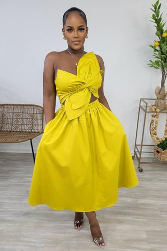 Image of YUEWOO Midi Dresses for Women Casual Summer Sundresses Vacation Outfits Spaghetti Strap Smocked Women Maxi Dress with Pockets