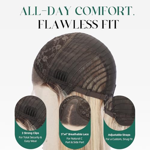 Image of 5x5 Lace Front Wigs for women,Human Hair Blonde Straight Glueless with Free Part & Pre Plucked Natural Hairline 16 Inch（Blonde Mixed Brown）