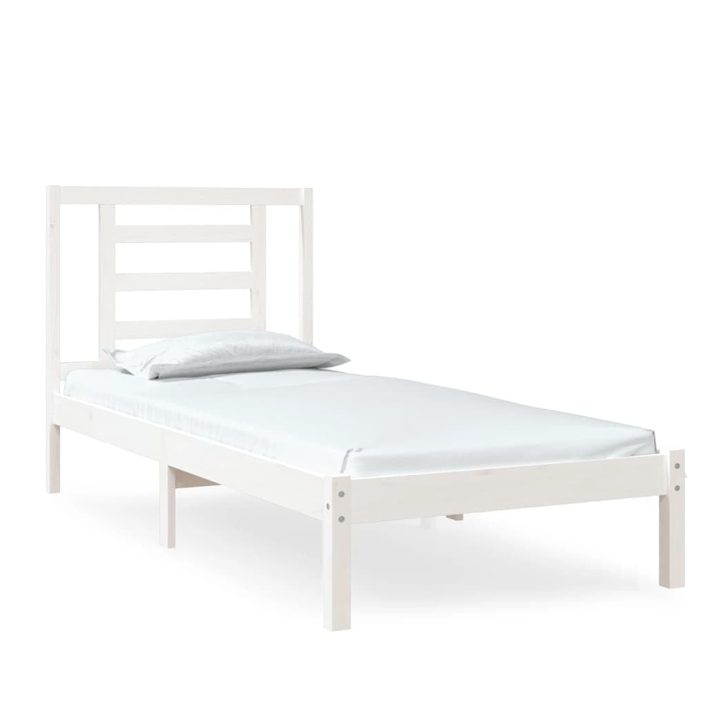lite drewno sosnowe nowoczesny wystrój sypialni pojedyncza biały 75x190 cm | Rama łóżka biała lite drewno sosnowe 75x190 cm pojedyncza z zagłówkiem solidna konstrukcja do sypialni