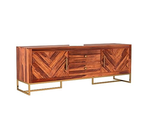 Image of Premium Solid Sheesham Wood TV Unit with 2 Drawers, 4 Shelves, and 2-Door Storage - Accommodates up to 65-Inch TV - Ideal for Living Room (Asher, Honey Finish)