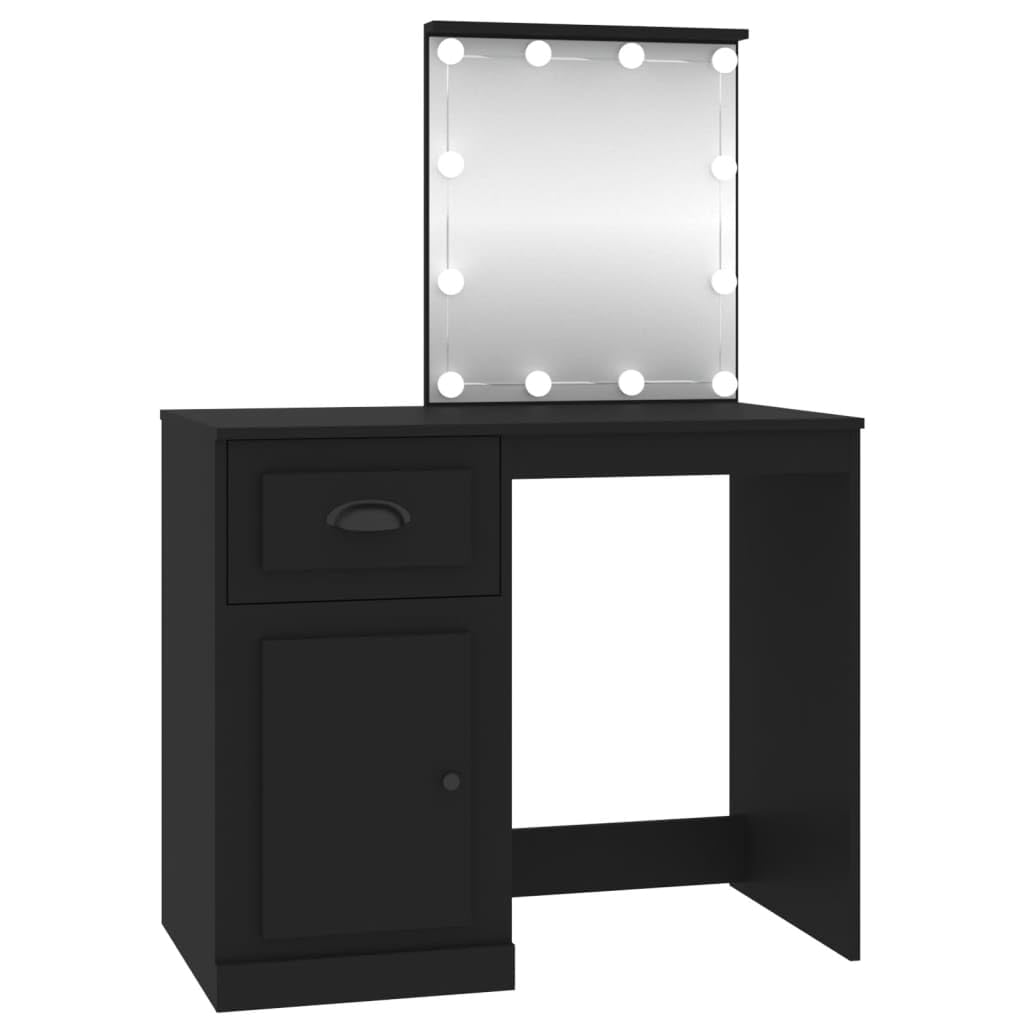 Toaletka czarna z oświetleniem LED, 90 x 50 x 132,5 cm, nowoczesne wzornictwo, duże lustro, dużo miejsca do przechowywania makijażu, materiał drewnopochodny, podświetlana toaletka do sypialni