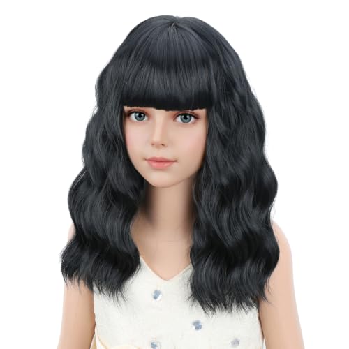 Image of PATTNIUM Black Kids Child Wig Shoulder Length Black Wavy Wigs with Bangs for Gilrs Heat Resistant Synthetic Girls Wig Daily Wear Wigs