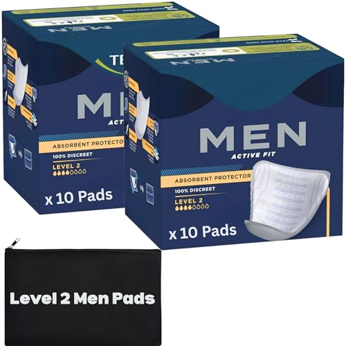 Men Incontinence Pads Level 2 Bundle by Wishesla, Urine Leakage Protective Shield, Multipack 2x10 Total of 20 Mens Pads for Urine Leakage, 100% Discreet, and Black Fabric Toiletries Bag