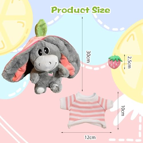 Atmendes Kuscheltier für Erwachsene, Kuscheltier Atmet, Schlafender Plüschesel, Plüsch Esel mit Erdbeer Motiv, Niedliches Warmes, Leichtes Plüschtier mit Musik, Pullover mit Erdbeerbrosche und Puppe