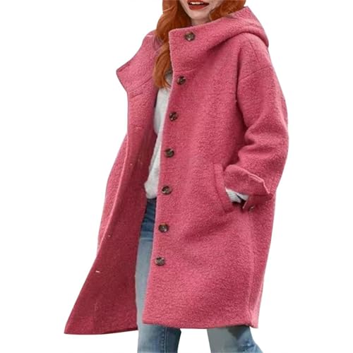 Women's Trench Pea Coats Winter Warm Wool Coats Oversized Mid Long Coat Casual Single Breasted Hooded Peacoats Pocket (Rose Pink,XX-Large)