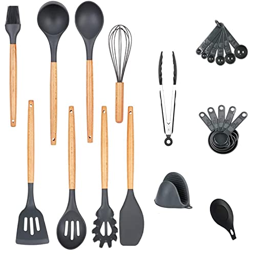 Conjunto de utensílios de silicone antiaderentes com cabos de madeira – Conjunto de utensílios de co