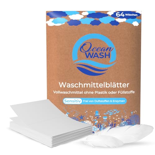OceanWash Waschmittelblätter Sensitiv, Waschblätter Waschmaschine für alle Textilien und Farben, Waschtücher biologisch abbaubar, Laundry Detergent Sheets Vollwaschmittel, 64 Wäschen