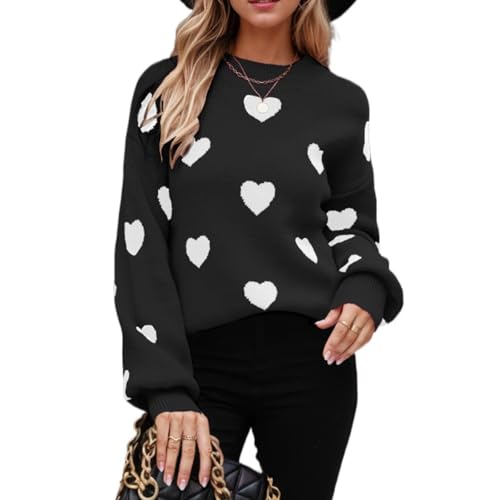 Image of Women's Valentines Pullover Sweaters Cute Hearts Long Sleeve Crewneck Knitted Y2k Sweaters Kawaii Aesthetic Clothes