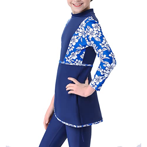 Muslim Swimsuits For Girls Floral Leaf Print Swim Top And Pants Kids Full Coverage Swimwear Modest Islamic Beachwear Swimming Two Piece Outfits Long Sleeve Burkini Bathing Suit Blue Flower 18-24Months #TOP1