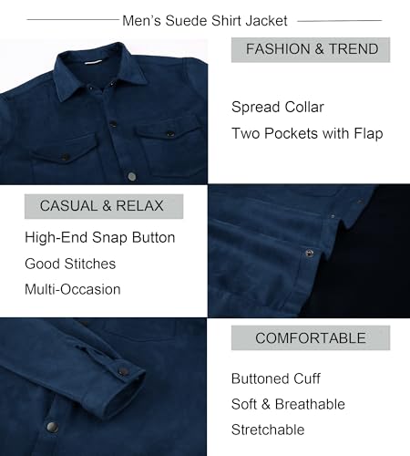 Alex Vando Mens Suede Shirt Jackets Long Sleeve Two Pockets Snap Casual Button Down Shirts