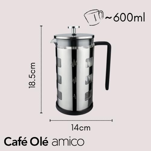 Café Olé FM-06C Amico 600 ml Cafetière French Press Coffee Maker, 5-Cup, Silver