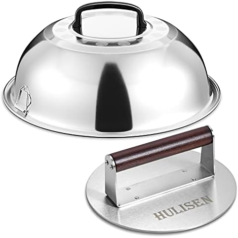 HULISEN Heavy-Duty Burger Press & Melting Dome Set, 8.5 Inch Round Stainless Steel Bacon Press with Wooden Handle, 12 Inch Basting Cover, Griddle Accessories Kit for Flat Top Grill Indoor/Outdoor Cover
