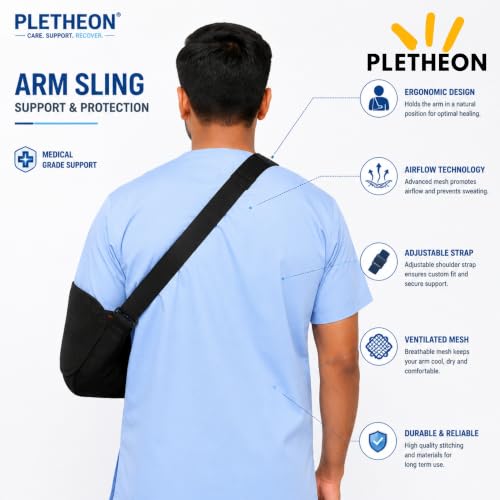 Image of PLETHEON Arm Sling for Arm & Shoulder Support, Adjustable Forearm Sling for Fracture, Injury & Post Surgery Recovery, Breathable & Lightweight, Black, Neoprene (ADULT)