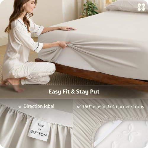 Bedsure PureWoven King Fitted Sheet Qnly, 100% Rayon Derived from Bamboo | Cooling Bottom Sheet for Hot Sleepers, Breathable & Soft, Deep Pocket Up to 18", Secure Elastic Corner Straps, Light Beige - image 6